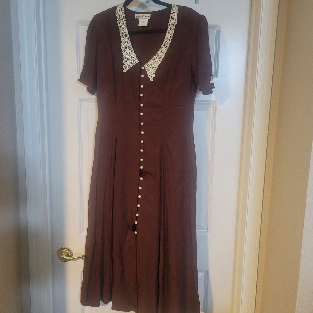 Vintage Just Choon Dress Size 11, Brown, Button Front, Lace Up Back, No Belt - Picture 7 of 7